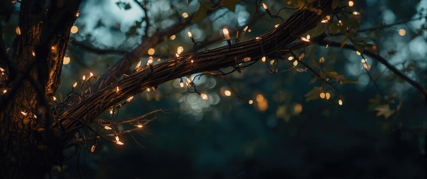 Tree branch wrapped in string lights during twilight