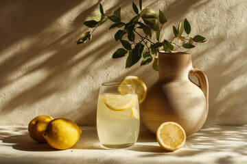 Refreshing homemade lemonade with fresh lemon slices served beside ripe lemons and a rustic ceramic vase with leafy branches, illuminated by warm natural sunlight for a cozy summer still life.