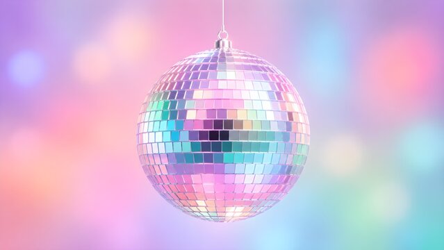 Sparkling disco mirror ball on colorful pastel background for party celebration entertainment and festive events
