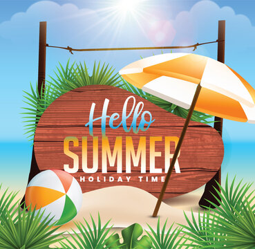 Summer season hello summer social media post design realistic tropical beach and beach ball, palm leaves, palm tree, Wooden sign sunny vacation background