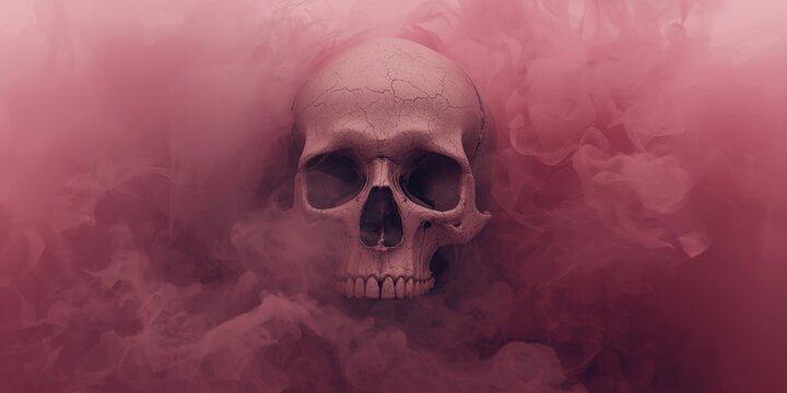 Skull surrounded by pink smoke on a dark background