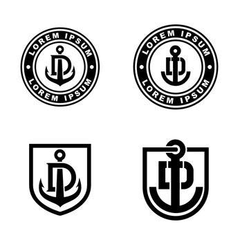 Anchor LP Letter Logo Design Set. Nautical emblem with L and P initials, featuring circle and shield shapes.