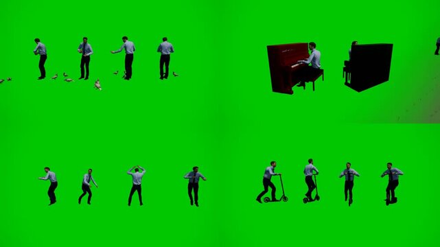 3d animated cartoon animation people near piano on green screen chromakey background. Animated characters in various poses creating musical crowd atmosphere perfect for event lifestyle video prod