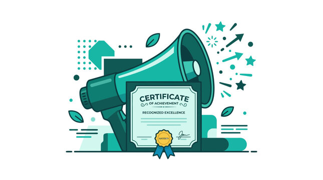 Certificate of achievement with megaphone and star icons.