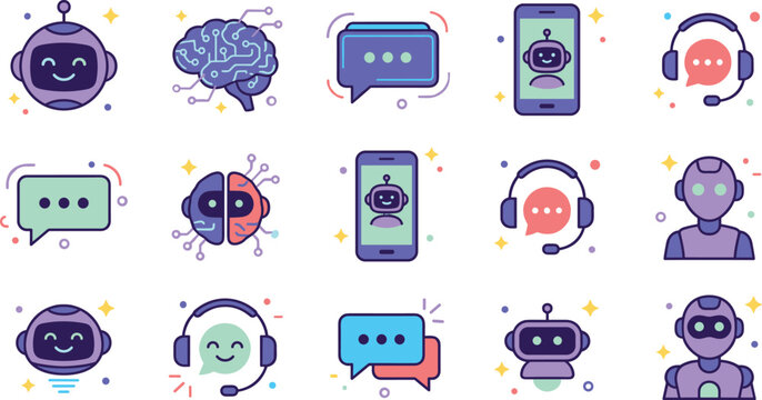 AI Chatbot and Customer Service Flat Line Icon Set with Virtual Assistants, Neural Network Brain, Mobile Tech Support, and Headset Operator Symbols
