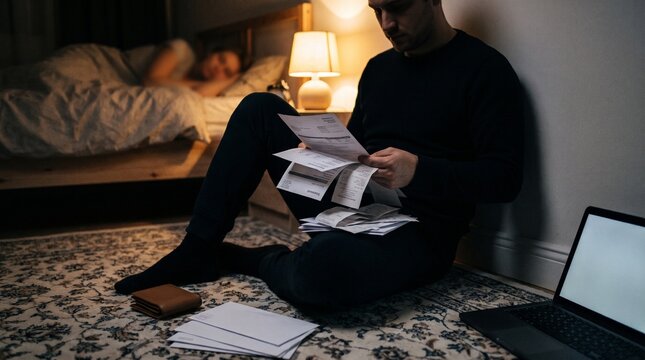 Secret Money Worries Beside Sleeping Partner In Dark Bedroom