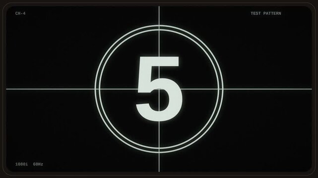 A classic film countdown leader ticks down the seconds before a broadcast or motion picture begins.