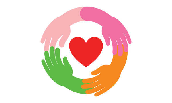 Colorful hands arranged in a circle surrounding a red heart symbol representing unity and community support