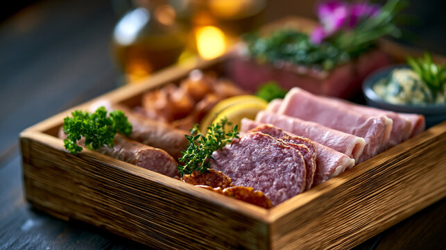 Rustic charcuterie board featuring assorted sliced meats and cured sausages, charcuterie