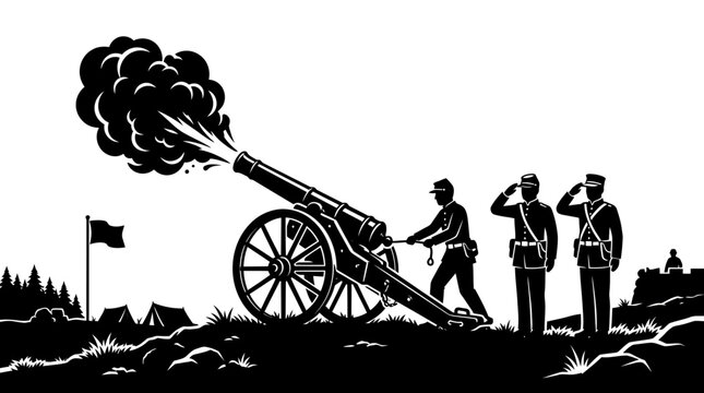 Silhouette illustration of historical soldiers firing a vintage cannon.