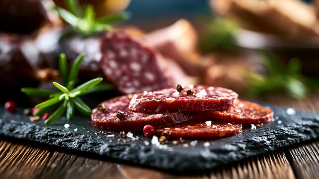 Thinly sliced salami with fresh rosemary and sea salt on slate serving board, rosemary