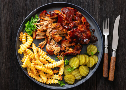 Slow Cooked Pork With Wave Fries And Pickles