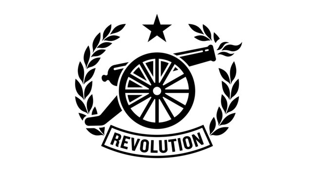Black and white graphic emblem featuring a vintage cannon and revolution typography.