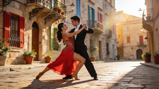 Beautiful couple dancing tango in a quiet historic neighborhood with timeless architectural charm.