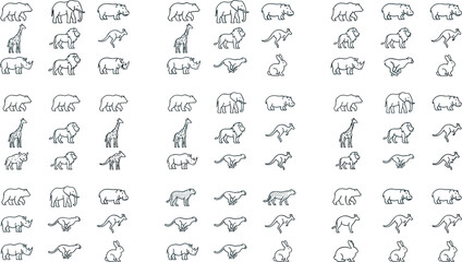 Wild Animals and Safari Wildlife Minimalist Line Icon Set with Elephant, Lion, Giraffe, Rhino, Cheetah, Bear, and Kangaroo Grid Symbols © MdJalal