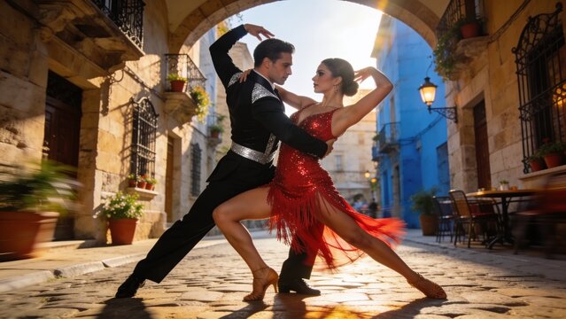 Couple dancing salsa gracefully through picturesque old town during a sunny afternoon.