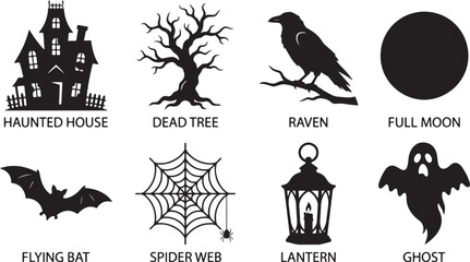 Fototapeta premium Set of black silhouette icons for halloween featuring spooky haunted house tree raven moon bat spiderweb lantern ghost