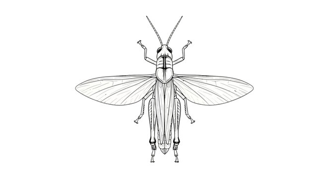 Black and White Line Art Illustration of a Flying Grasshopper