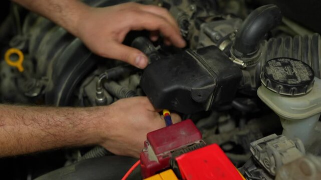 Mechanic hands inspecting and repairing components under a car engine hood.