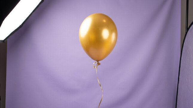 Golden Balloon Floating Against Purple Studio Background with Lights