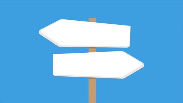 A double directional signpost with two blank arrow signs rises from below, pauses against a blue background, then descends out of view.