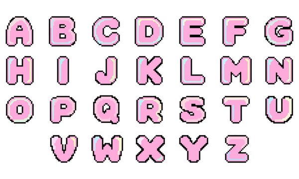 Pixel art alphabet, pink bubble letters, cute font for games and social media, vector illustration