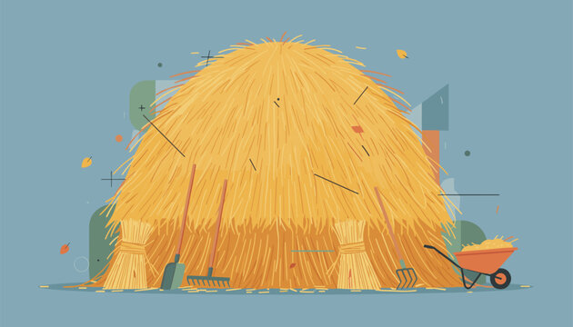 Large golden haystack surrounded by farming tools like a pitchfork and rake near a wheelbarrow.