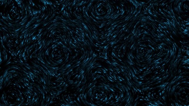 Glowing particles flow in rhythmic circular patterns across a deep black background, creating a mesmerizing digital motion effect.