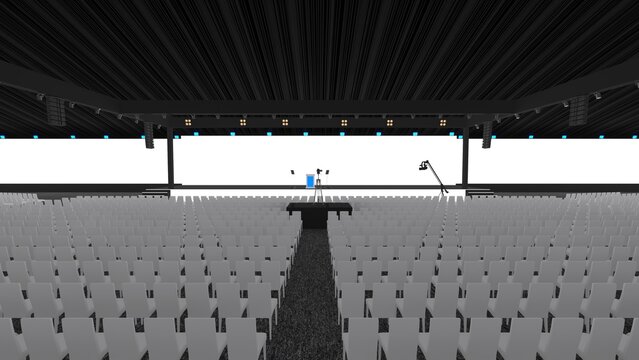 Modern empty event stage with presentation platforms in a conference hall, ideal for corporate meetings, product launches, exhibitions, ceremonies, branding mockups, and business presentations.