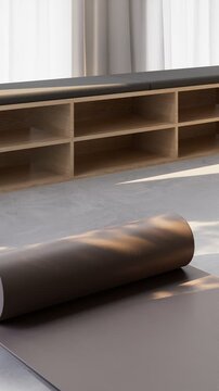 Empty yoga studio with rolled mat ready for restorative and recovery yoga