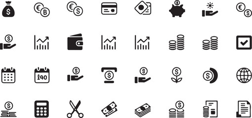 Fototapeta premium Financial Management Icon Set, Money Bag Credit Card Savings ATM and Investment Outline Symbols