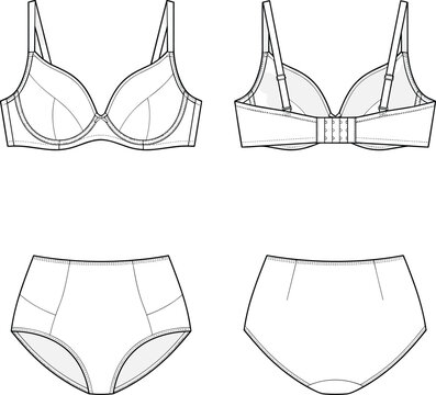 Women's bra and high waist briefs lingerie set technical sketch fashion flat drawing apparel design template vector illustration