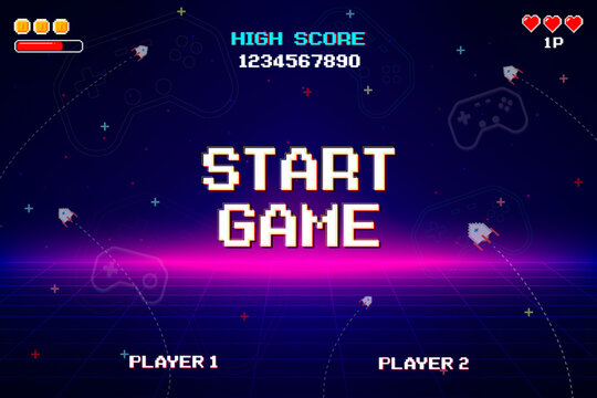 START GAME. Retro Futurism Sci-Fi Background. glowing neon grid and star from vintage arcade computer games