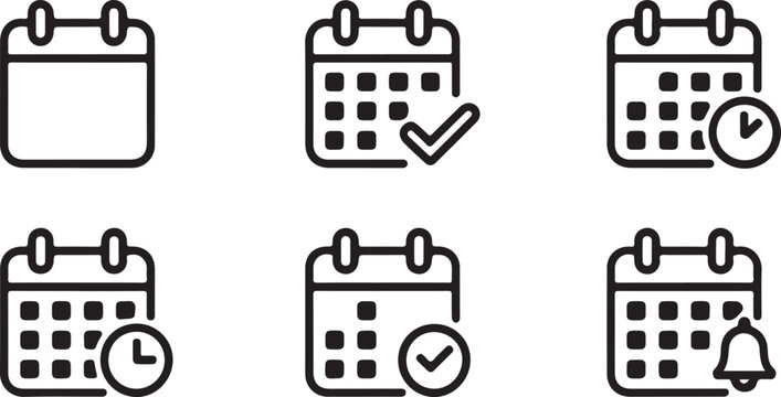 Calendar Icon Set, Date Planner Checkmark Clock and Notification Outline Symbols