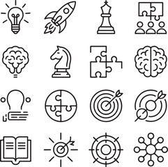 Fototapeta premium Business Strategy Icon Set, Brainstorming Collaboration Target Rocket and Creative Thinking Outline Symbols