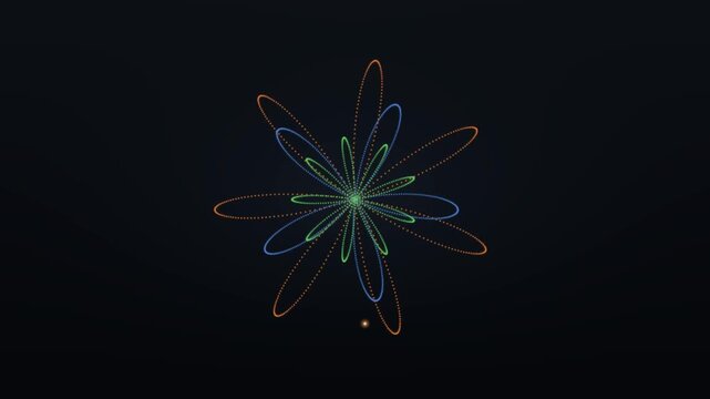 A small glowing point orbits around a central geometric flower pattern composed of colorful light trails against a dark background.