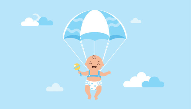 Joyful diapered baby with a yellow rattle floats in the air suspended by a light blue patterned parachute among fluffy clouds.