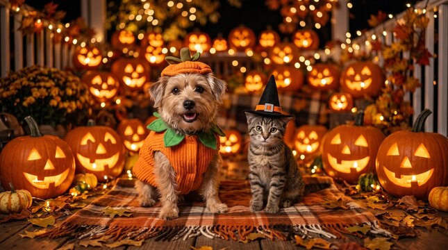 Adorable dog and cat in halloween costumes on a festive porch at night