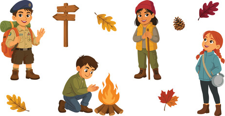 Cute Kids Camping and Hiking Vector Character Set Featuring Boy Scout Girl Hiker Warming Hands At Campfire Wooden Signpost and Autumn Leaves