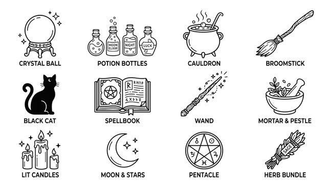 Witch Magic Icon Set Line Art &ndash; Crystal Ball, Cauldron, Spellbook, Wand, Black Cat, Pentacle, Broomstick, Potion Bottles, Halloween Witchcraft Symbols Vector Illustration