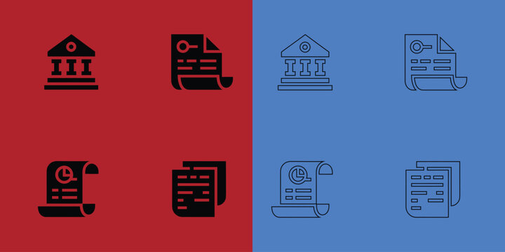 Financial report and banking document with charts and keys in solid black and outline styles on split background