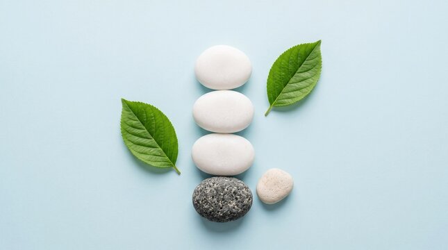 Zen spa stones with green leaves on blue background, minimalist wellness composition, white massage pebbles for aromatherapy and meditation