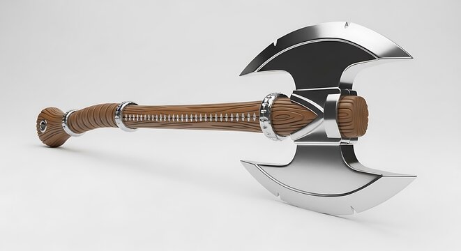 Double bladed metal battle axe with wooden handle
