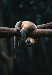 Obraz premium A peaceful jungle mammal hangs upside down, completely relaxed and sleeping deeply on a thick branch, perfectly embodying slothfulness and total sluggishness ,napping ,hanging ,relaxation