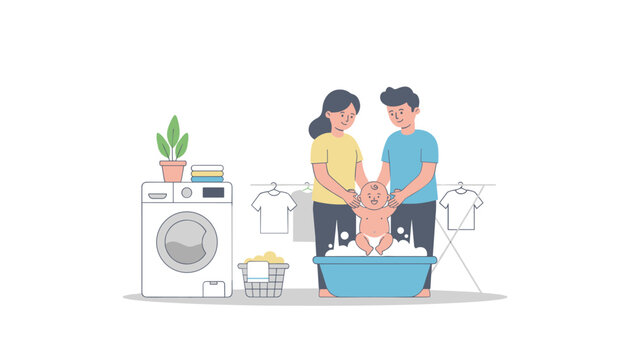 Parents bathing their baby in a blue tub with laundry appliances and drying racks in the background for a domestic hygiene theme.