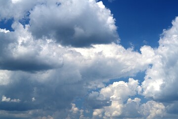 Fototapeta premium A sequential series of detailed close-up shots capturing fluffy white cumulus and cumulonimbus clouds shifting and floating across a vibrant blue sky during a sunny day.