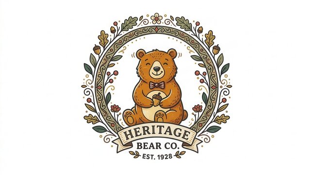 Heritage bear company logo with floral wreath