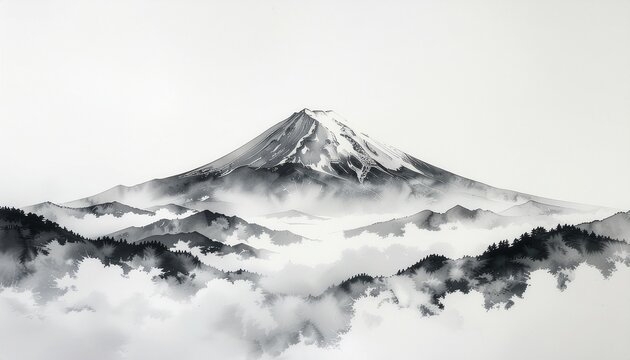 Minimalist Japanese Sumi-e Ink Painting of Mount Fuji Landscape
