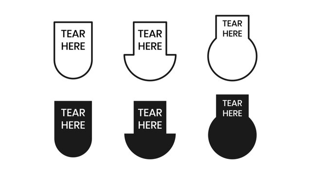 Vector Set of Black and White Tear Here Perforation Labels for Packaging Design