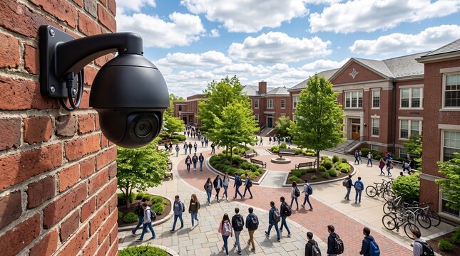 Security camera mounted on a brick wall overlooking a busy school campus